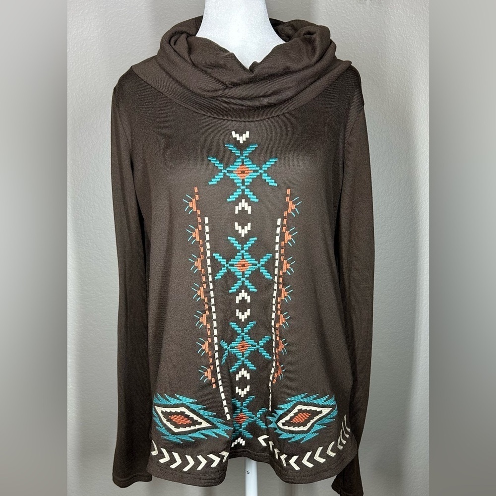 Womens Roper Brown Cowl Neck Tribal Embroidered Western Cowgirl Sweater Sz Sm - Picture 2 of 11